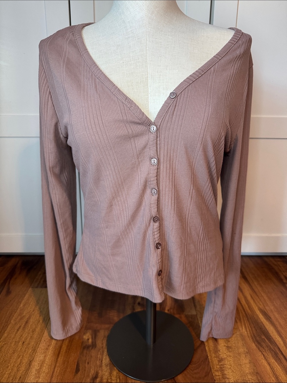 Rue21 Ribbed Button-Front Long Sleeve Top - Mauve Pink